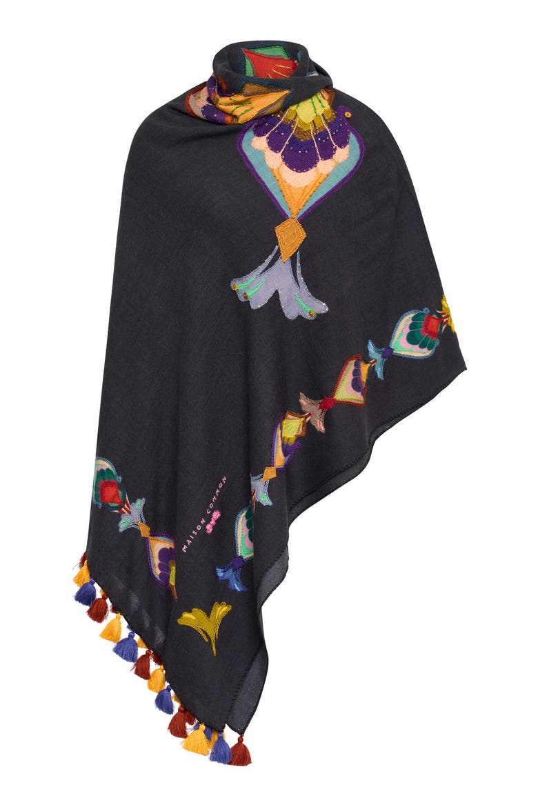 Hand Embroidered Scarf With Tassels, Main, color, Black Multicolour