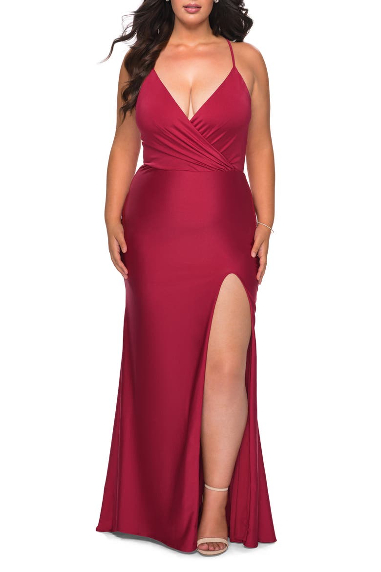 Jersey Dress for Curves with Slit and Criss Cross Back, Main, color, Red