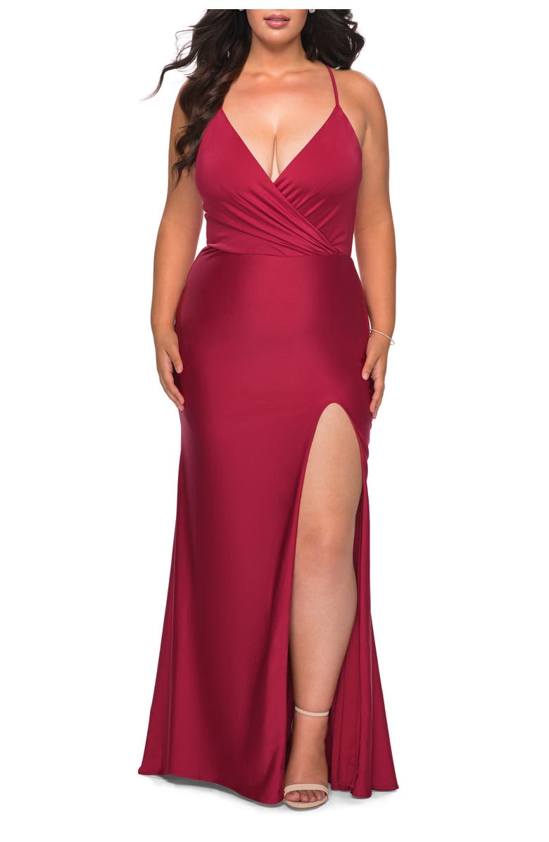 La Femme Jersey Dress for Curves with Slit and Criss Cross Back, Main, color, Red