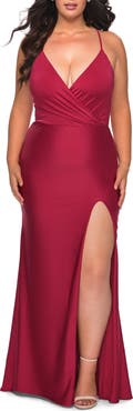 La Femme Jersey Dress for Curves with Slit and Criss Cross Back