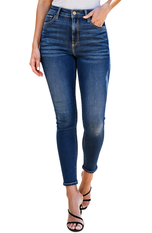 Knit & Lounge Knit And Lounge High-waisted Skinny Jeans With Faded Wash And Stretch Fit In Dark Blue Denim