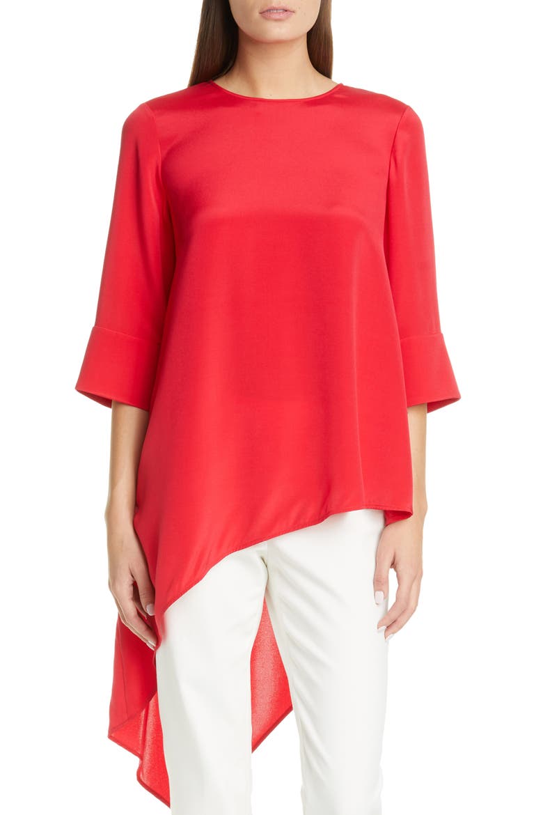 Asymmetrical Silk Crêpe de Chine Top, Main, color, POPPY