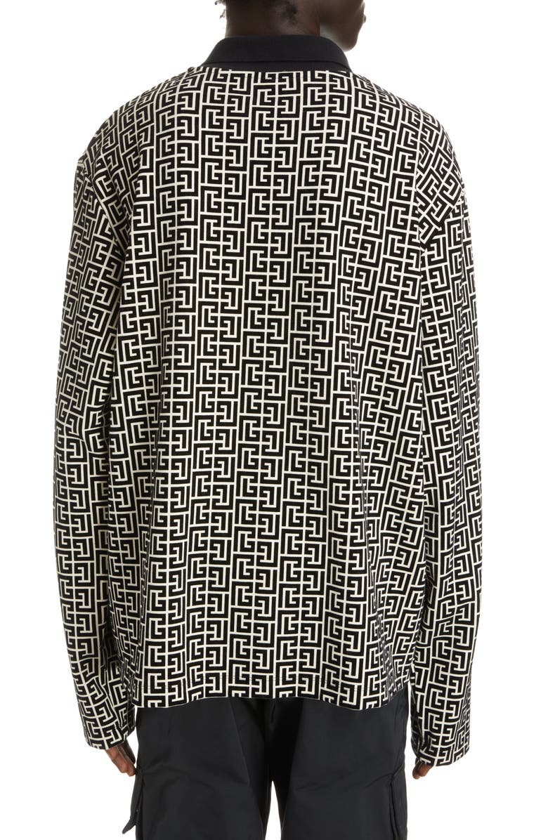 Balmain Monogram Jacquard Long Sleeve Polo, Alternate, color, 