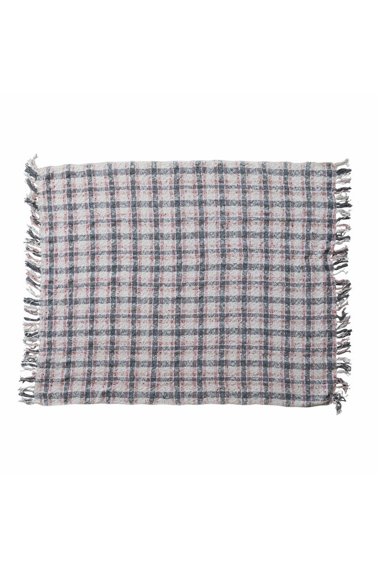 Hand-Woven and New Zealand Wool Slub Throw with Fringe, Grey and Natural Plaid, Main, color, Grey