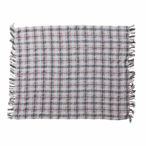 Hand-Woven and New Zealand Wool Slub Throw with Fringe, Grey and Natural Plaid