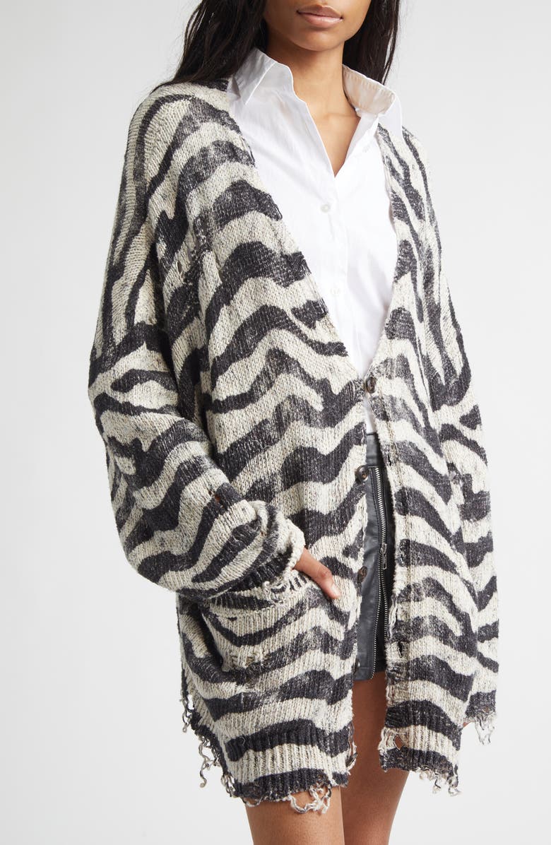 R13 Oversize Distressed Zebra Print Linen Blend Cardigan, Alternate, color, Black And White Zebra
