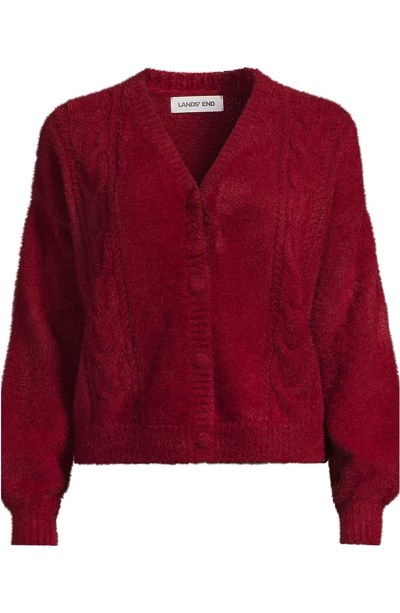 Lands' End Fuzzy Eyelash Cable Cardigan Sweater, Alternate, color, Regal Garnet