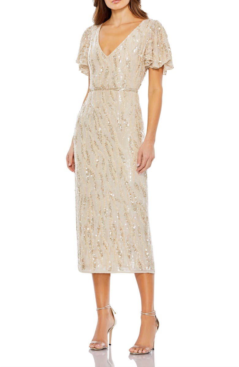 Mac Duggal Sequined V Neck Flutter Sleeve Tea Length Dress, Main, color, Oyster