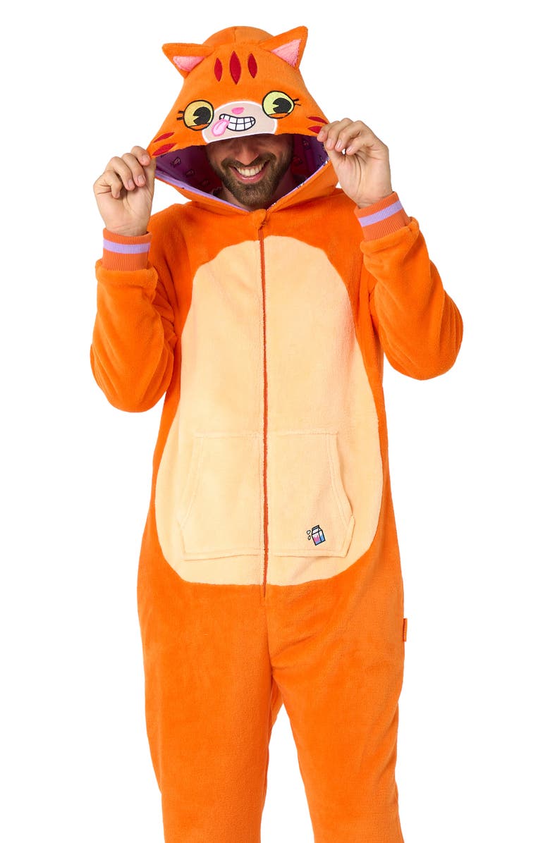 OppoSuits Cat Hooded Fleece Costume Jumpsuit, Alternate, color, Orange
