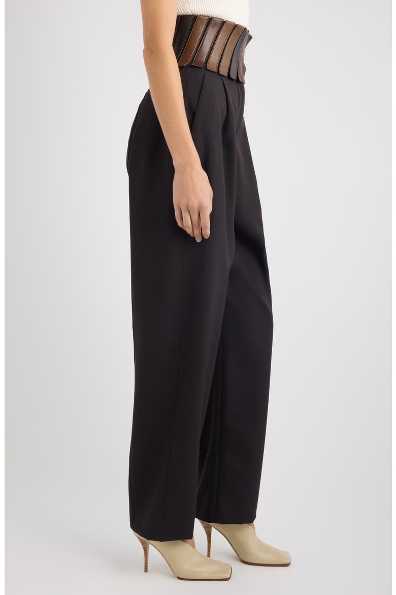 High Waist Wool Gabardine Straight Leg Pants with Leather Belt, Alternate, color, EBENE