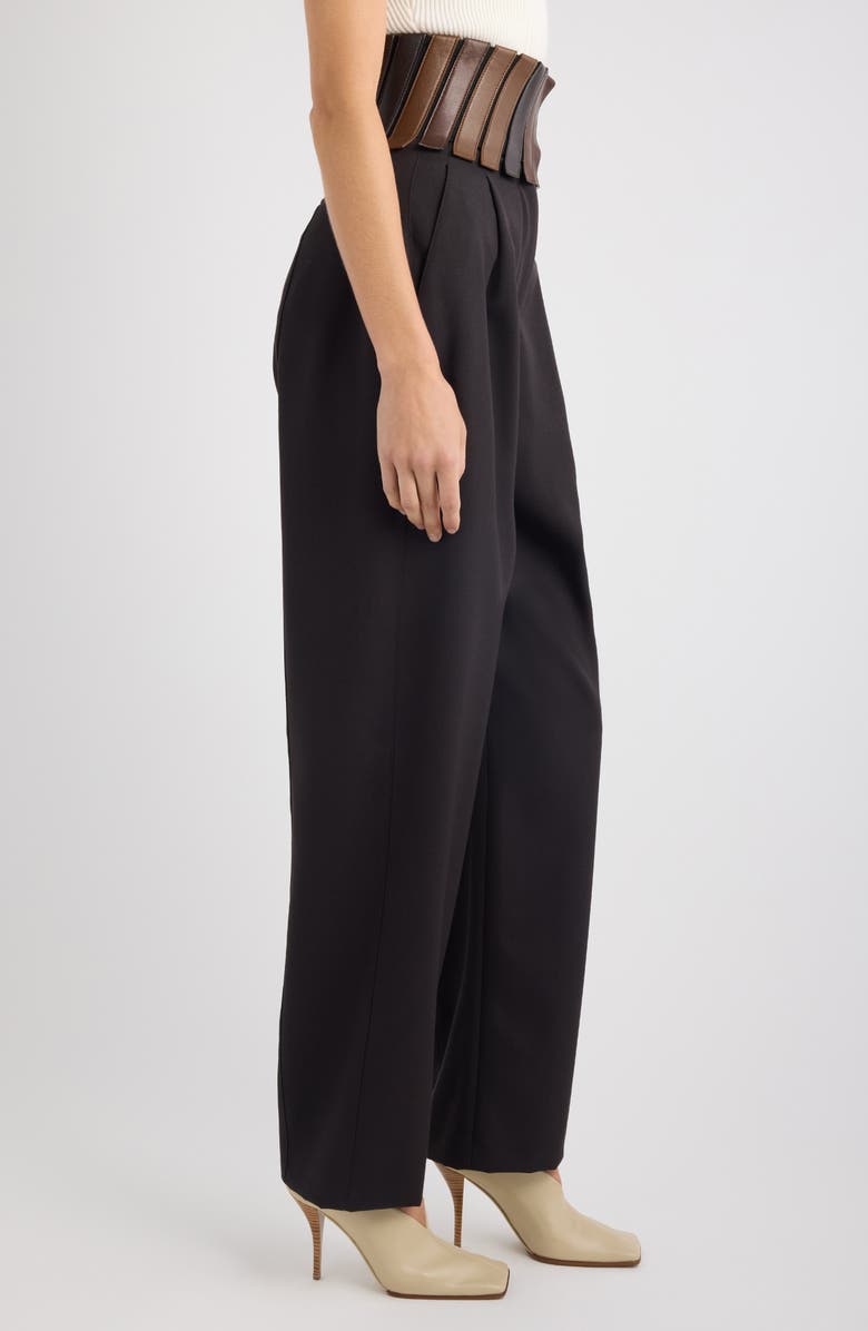 Alaïa High Waist Wool Gabardine Straight Leg Pants with Leather Belt, Alternate, color, Ebene