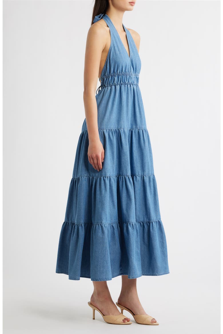 Tiered Denim Halter Midi Dress, Alternate, color, LIGHT DENIM