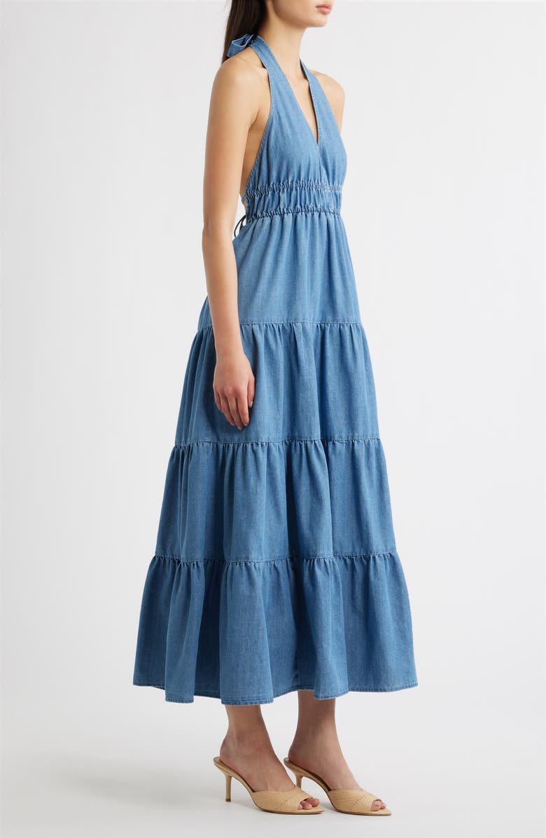 FREEMARKET Tiered Denim Halter Midi Dress, Alternate, color, Light Denim