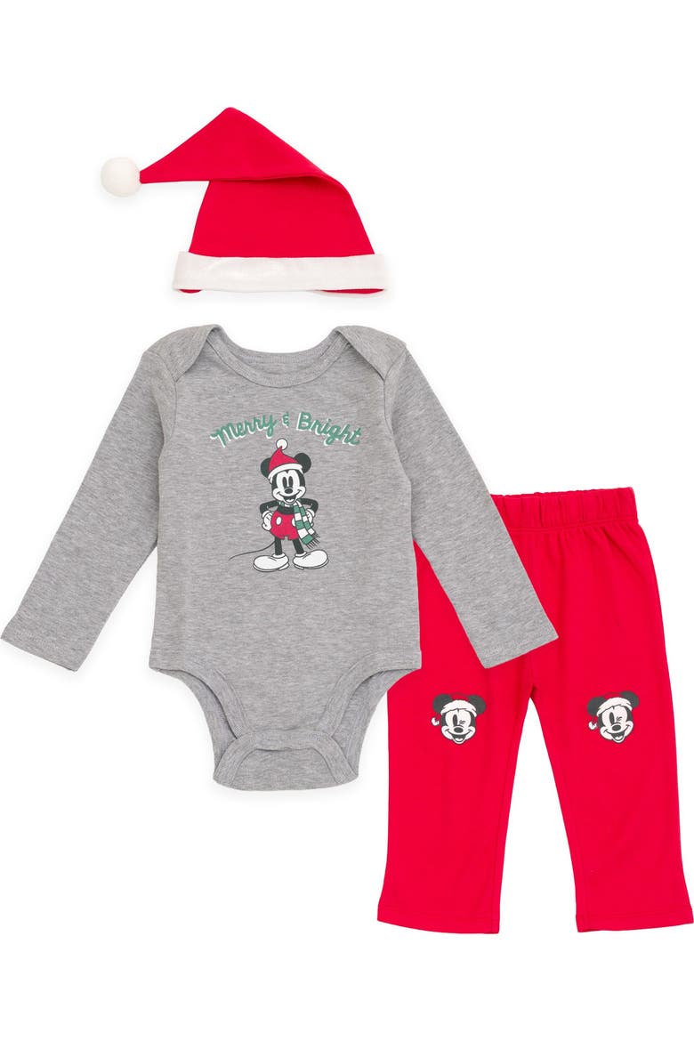 Mickey Mouse Holiday Bodysuit Pants and Hat Set, Main, color, Mickey Mouse Gray Red