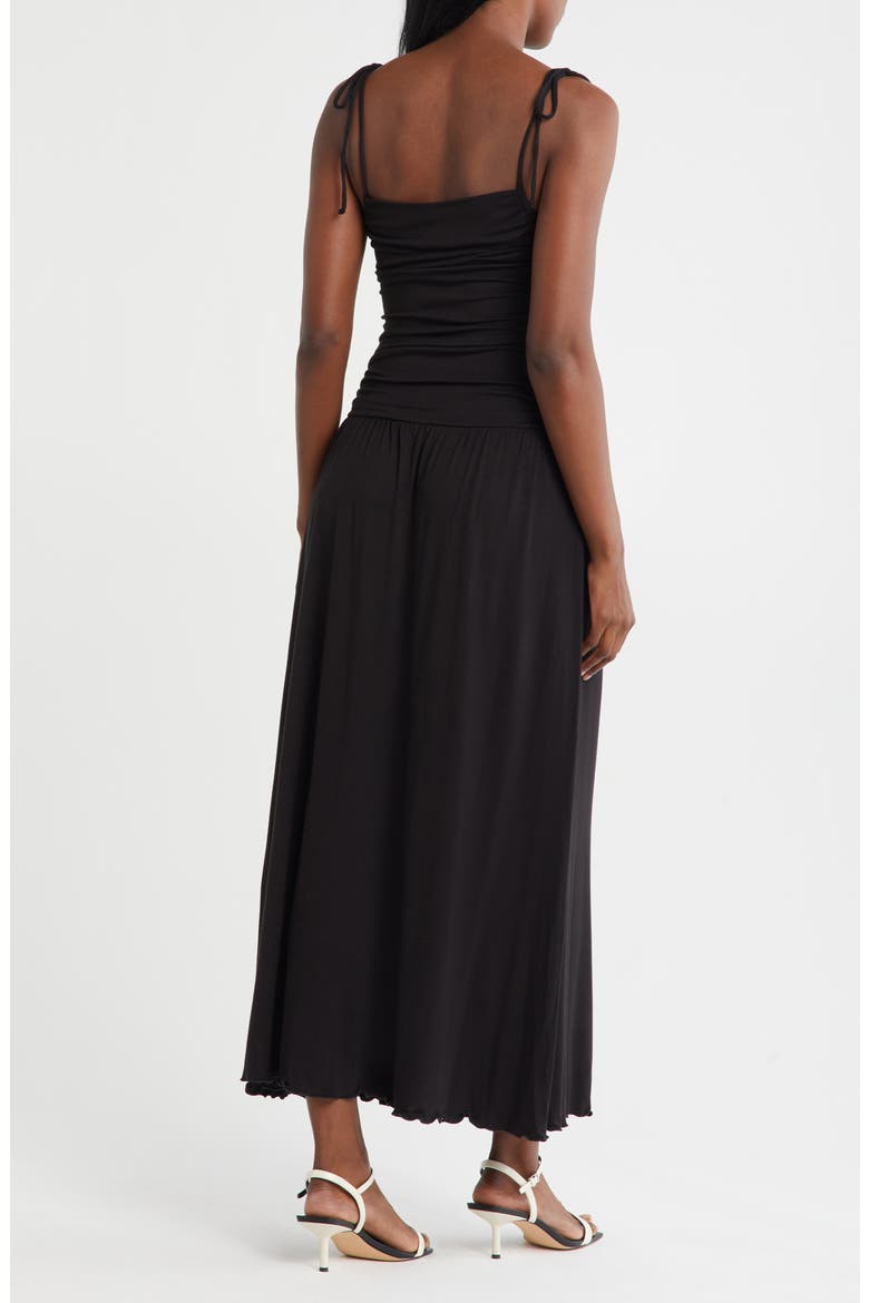 Tie Strap Ruched Fit & Flare Midi Dress, Alternate, color, BLACK