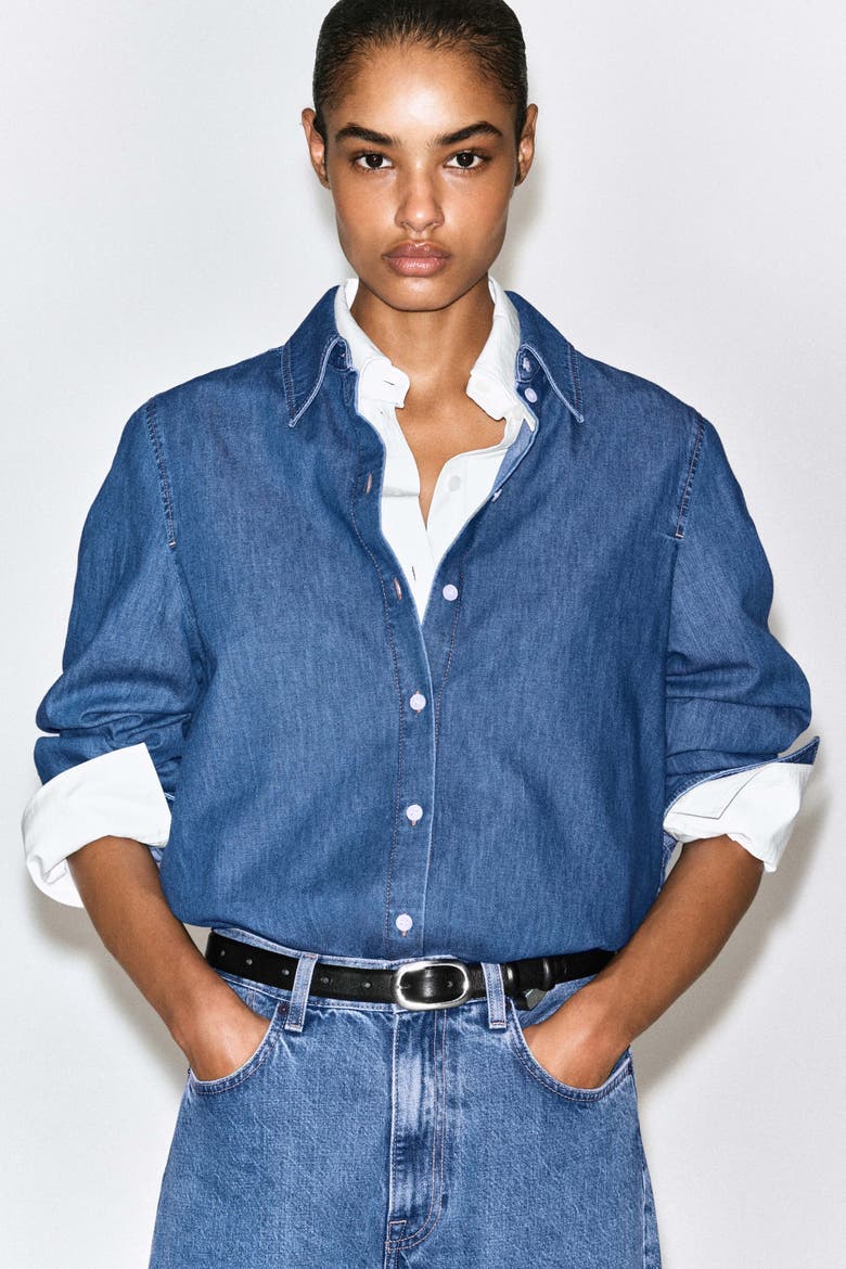 Longline Denim Shirt, Alternate, color, BLUE