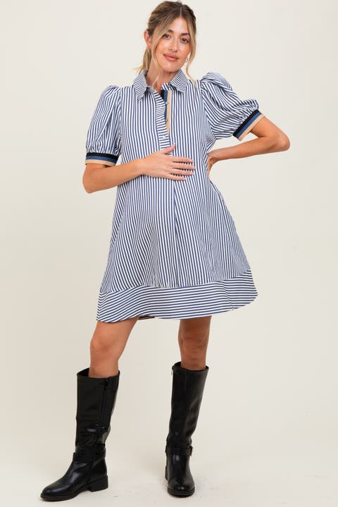 Striped Puff Sleeve Mini Shirt Dress