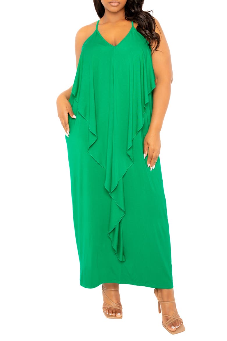 Cascade Ruffle Racerback Maxi Dress, Main, color, GREEN