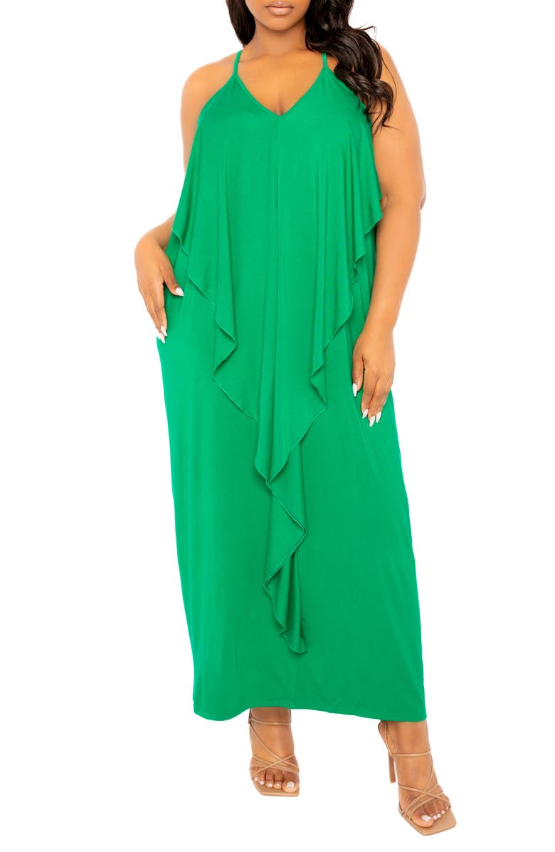 BUXOM COUTURE Cascade Ruffle Racerback Maxi Dress, Main, color, Green