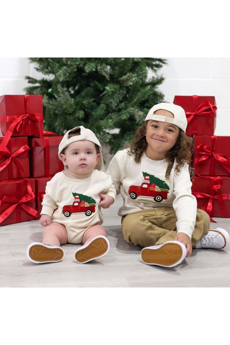 Christmas Truck Patch Long Sleeve Romper, Alternate, color, Natural