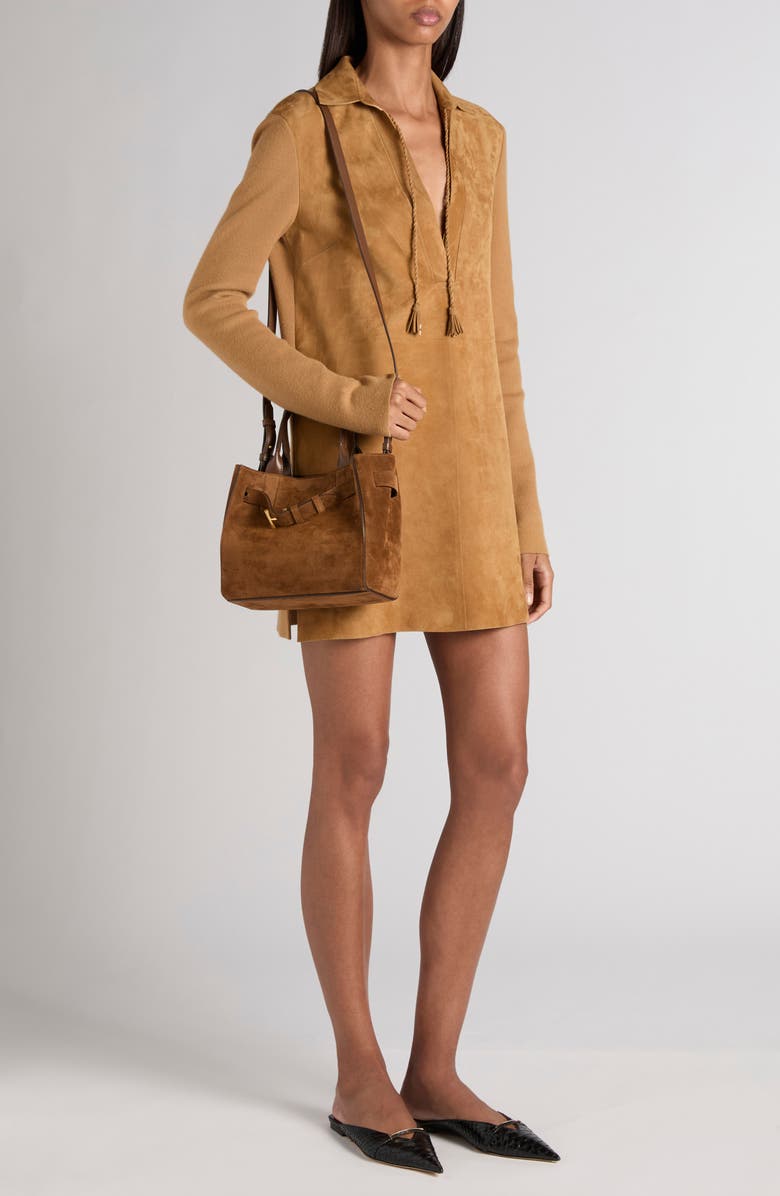 TOM FORD Long Sleeve Suede & Wool Blend Polo Minidress, Alternate, color, Golden Brown