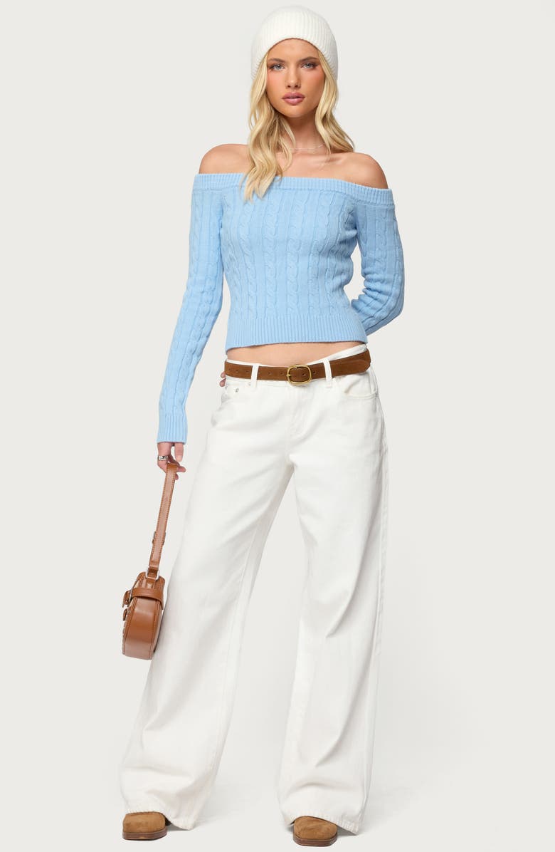 EDIKTED Tanzia Off the Shoulder Cable Stitch Sweater, Alternate, color, Light-Blue