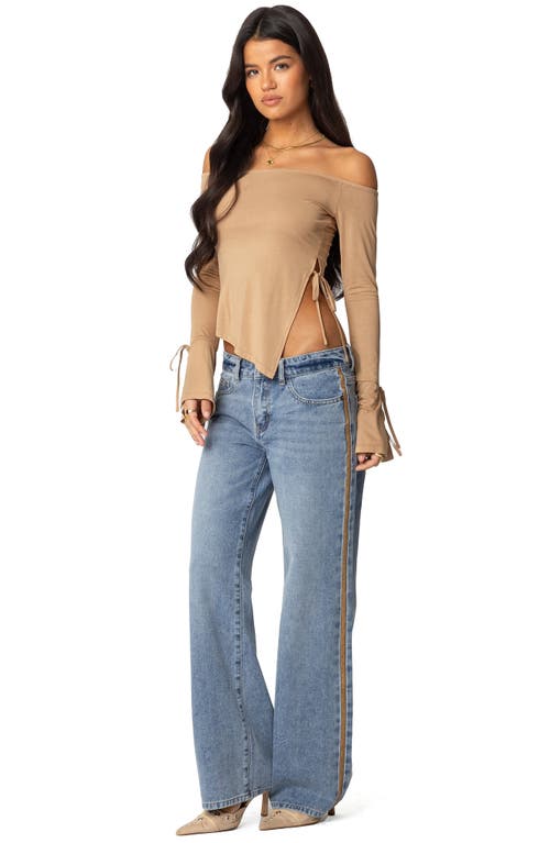 Shop Edikted Faux Suede Stripe Low Rise Wide Leg Jeans In Blue