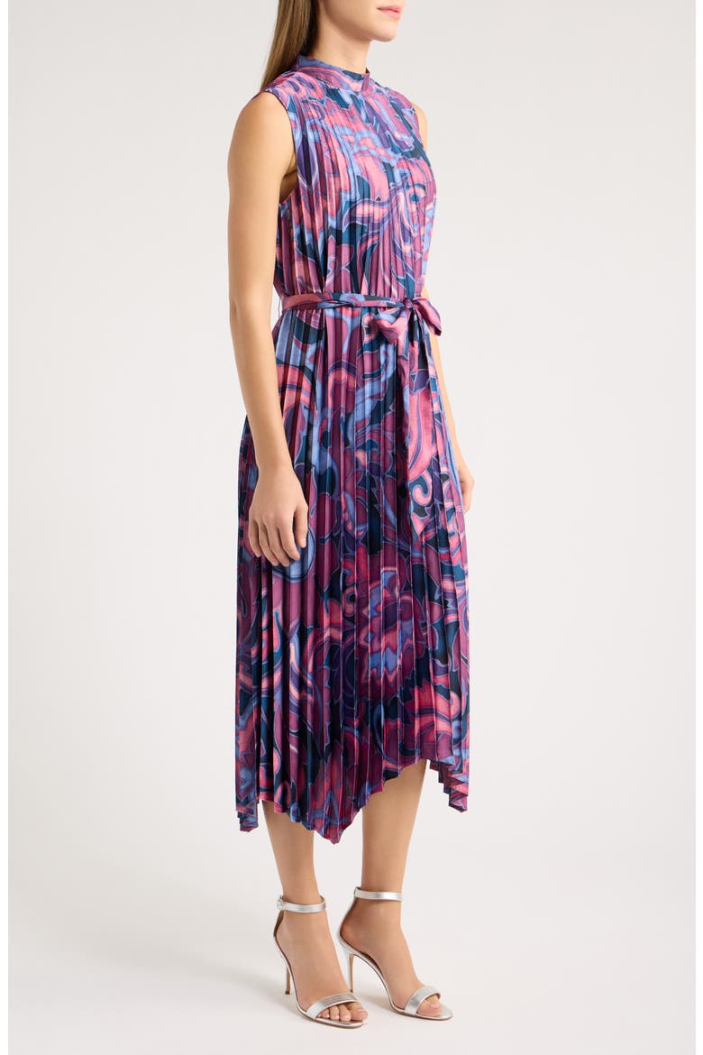 Print Pleated Tie Waist Midi Dress, Alternate, color, MAUVE MULTI