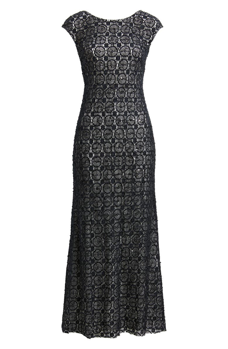 Pisarro Nights Crochet Bateau Neck A-line Gown, Main, color,