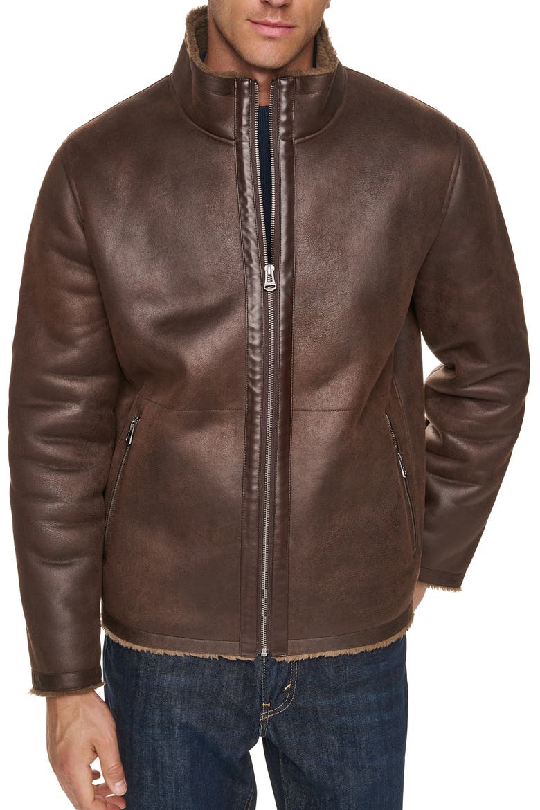 Faux Shearling Jacket, Main, color, DARK BROWN