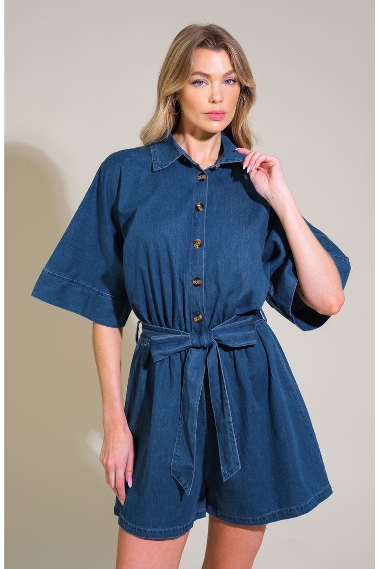 Chambray Tie Waist Romper, Alternate, color, MEDIUM INDIGO