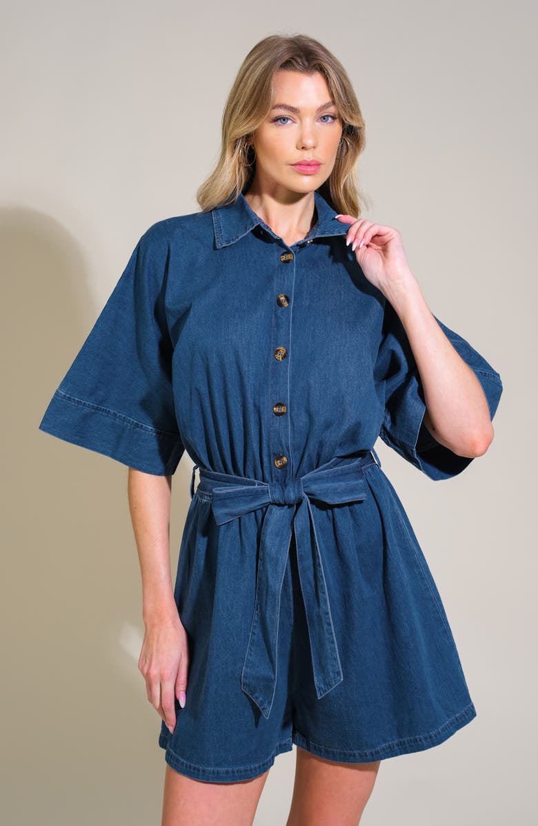 FLYING TOMATO Chambray Tie Waist Romper, Alternate, color, Medium Indigo