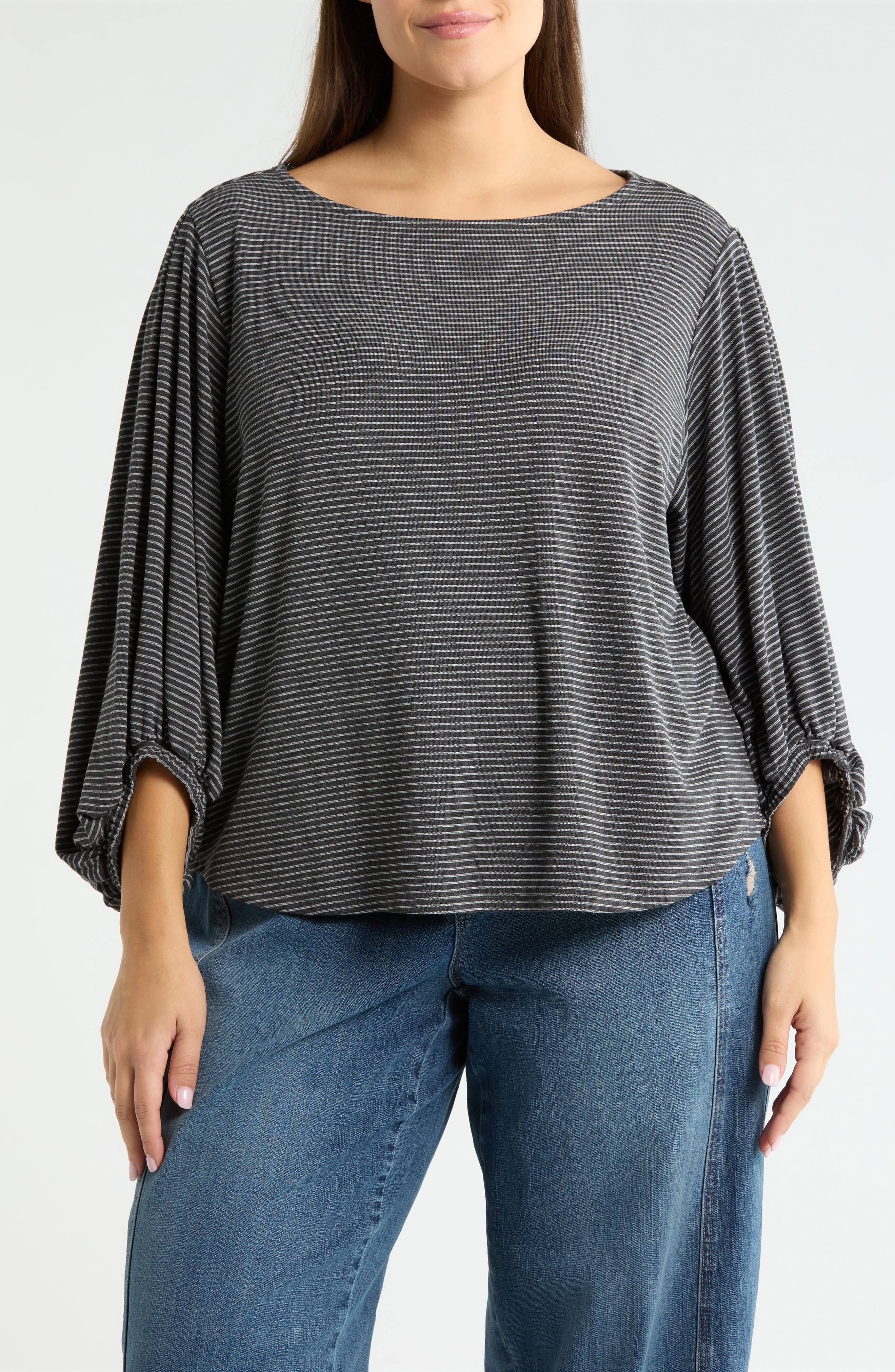 Stripe Balloon Sleeve Knit Top