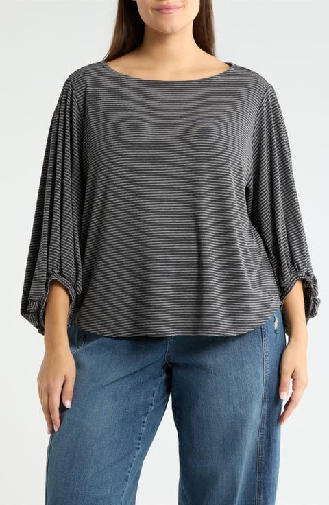 Stripe Balloon Sleeve Knit Top (Plus)