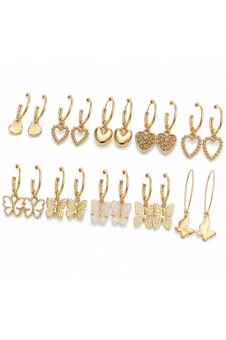 10-Pair 14K Gold-Plated Heart and Butterfly Huggie and Drop Earring Set, Alternate, color, Gold