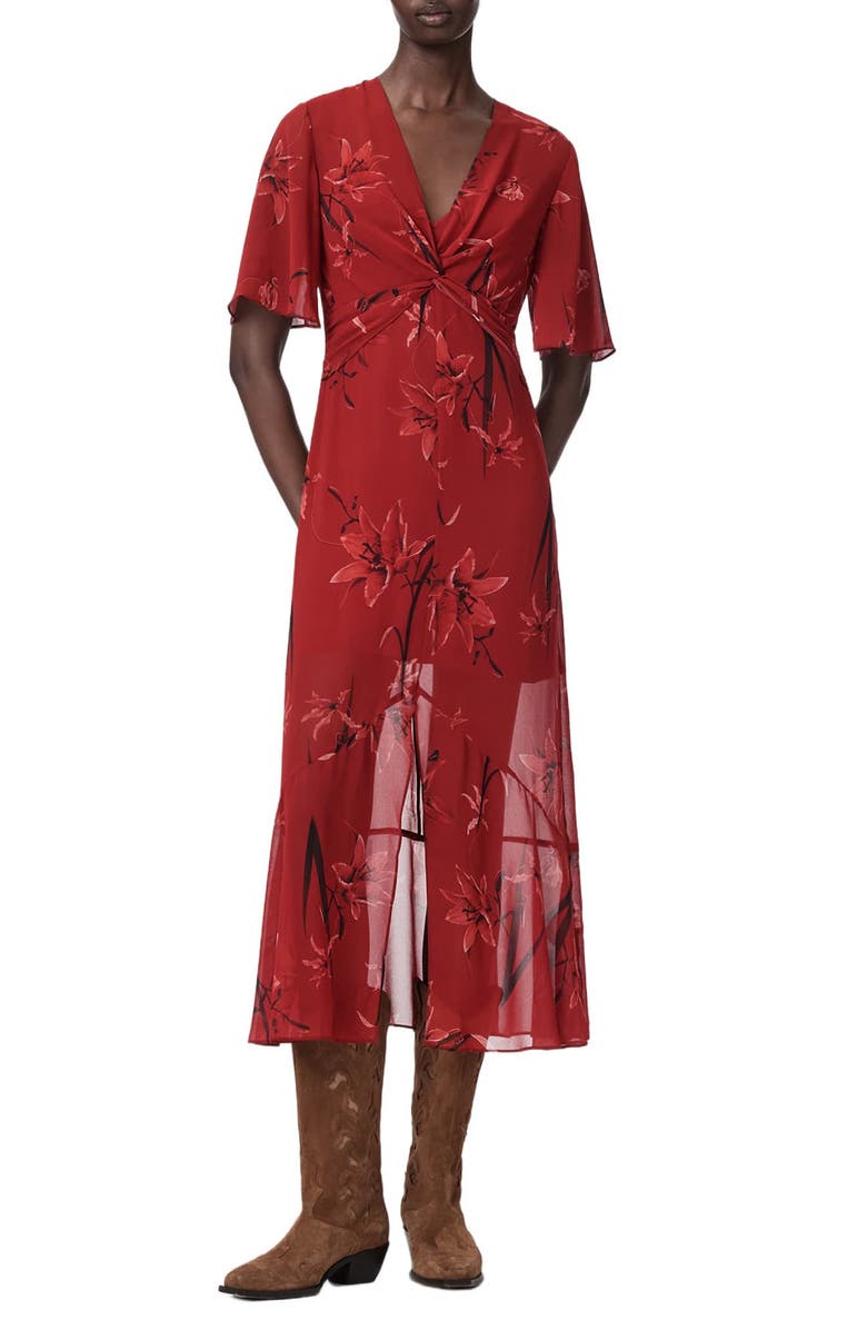 AllSaints Mollie Twist Front Midi Dress, Main, color, Petra Deep Red