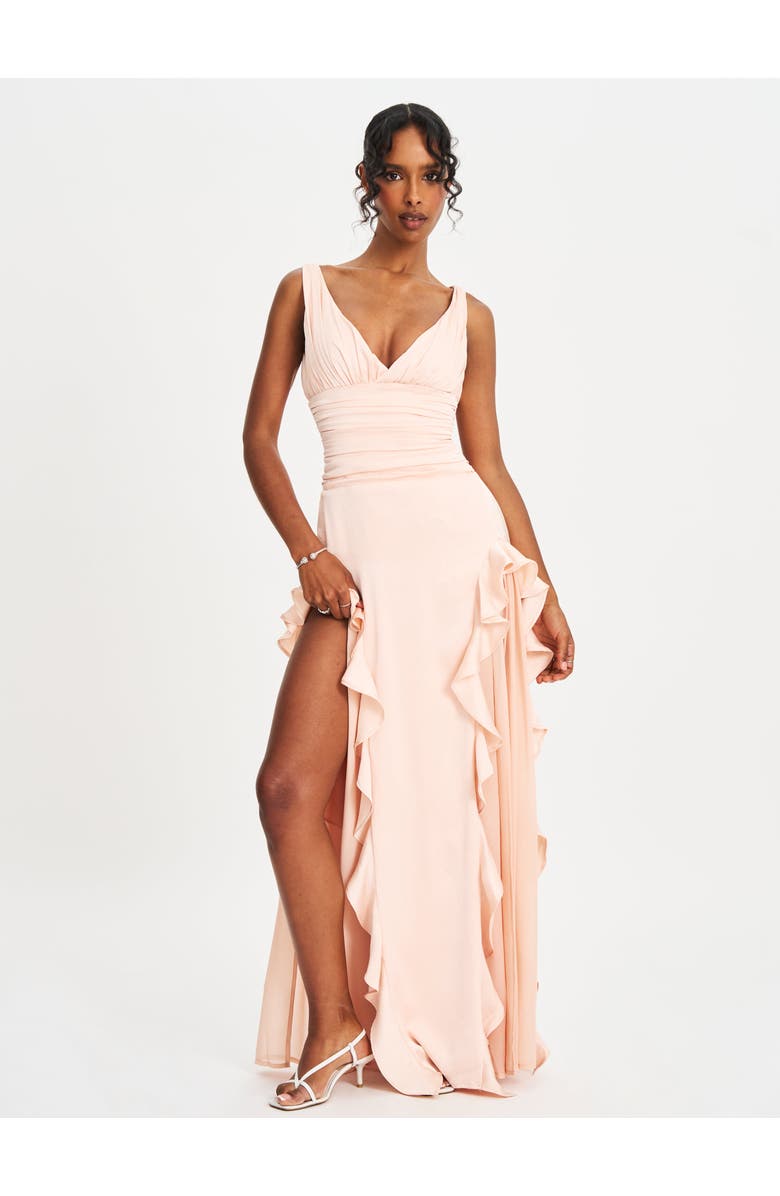 Miss Circle Talyssa Ruched Waist Double High Slit Maxi Gown, Alternate, color, Baby Pink