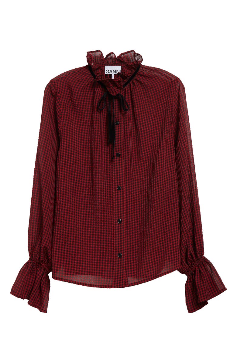 Ganni Check Seersucker Tie Neck Shirt, Alternate, color, Winery