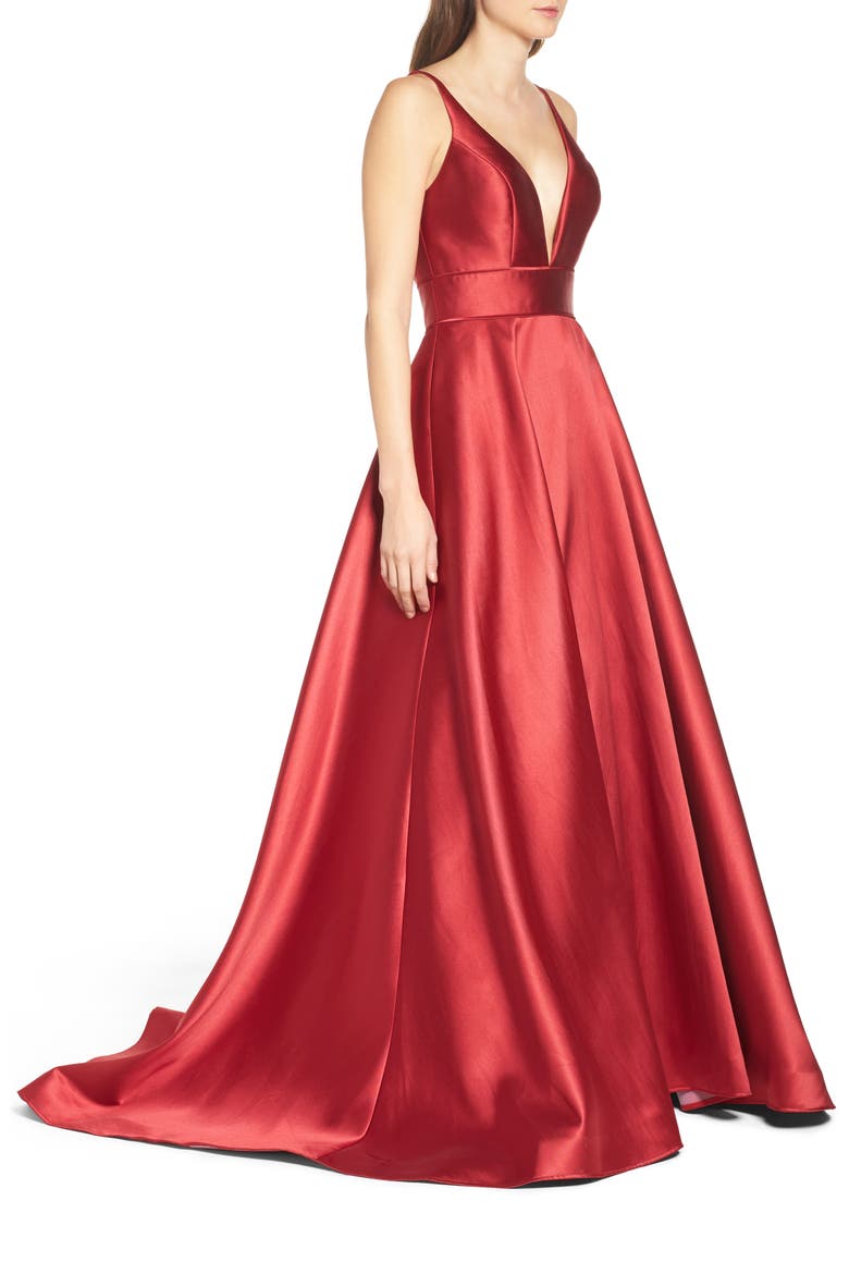 Plunge Neck Taffeta Ballgown, Alternate, color, WINE