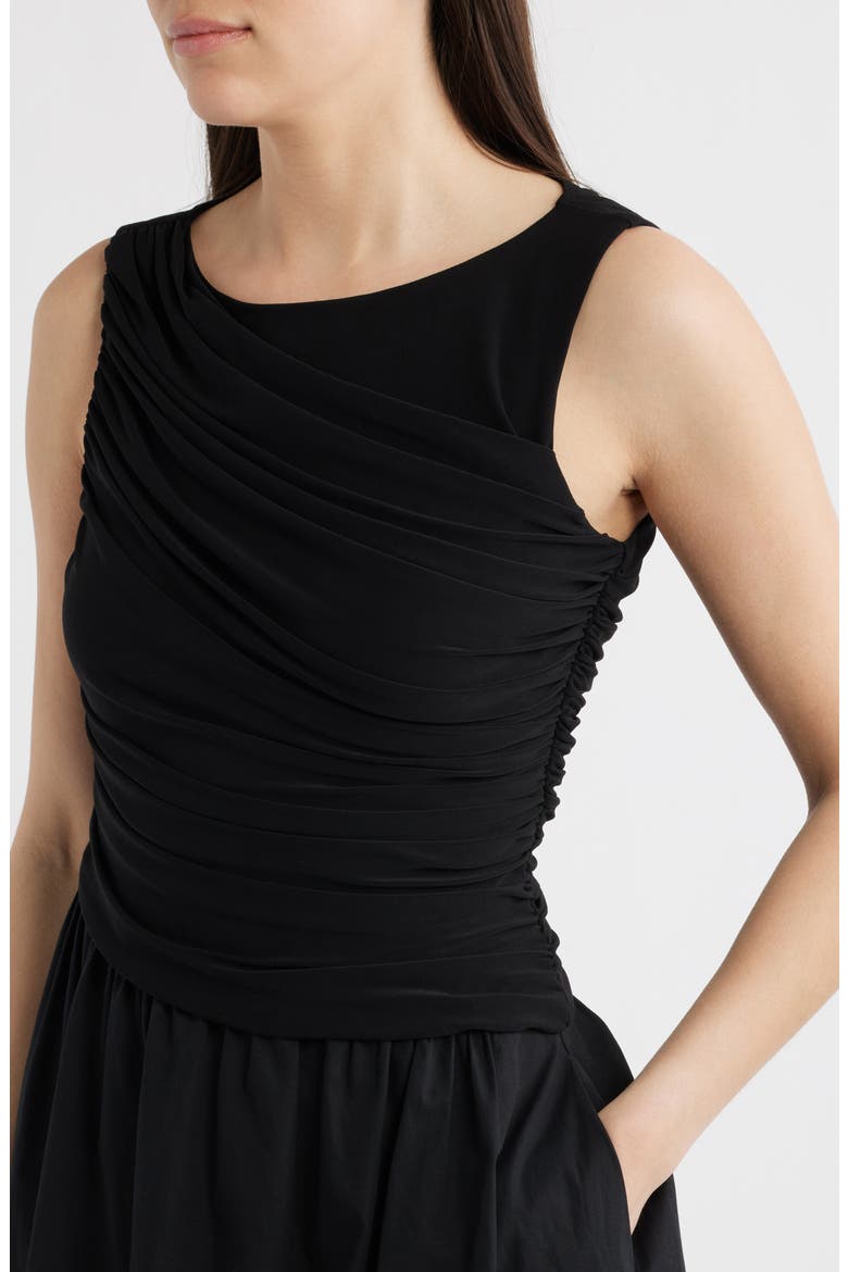 Ity Ruched Bodice Mixed Media Midi Dress, Alternate, color, BLACK