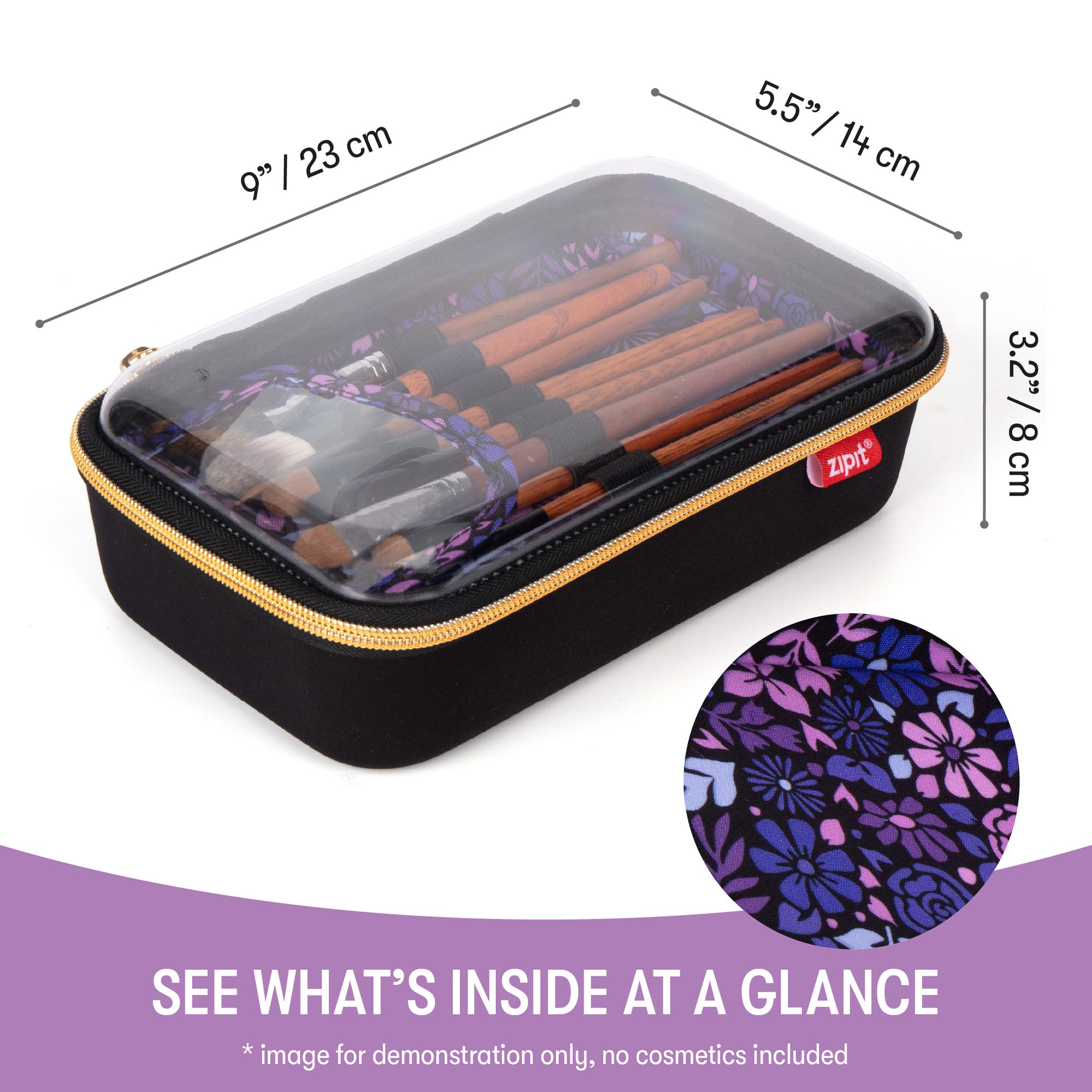 ZIPIT Travel Makeup Bag, Black & Purple Flowers, Protective Hard Shell, Alternate, color, Black