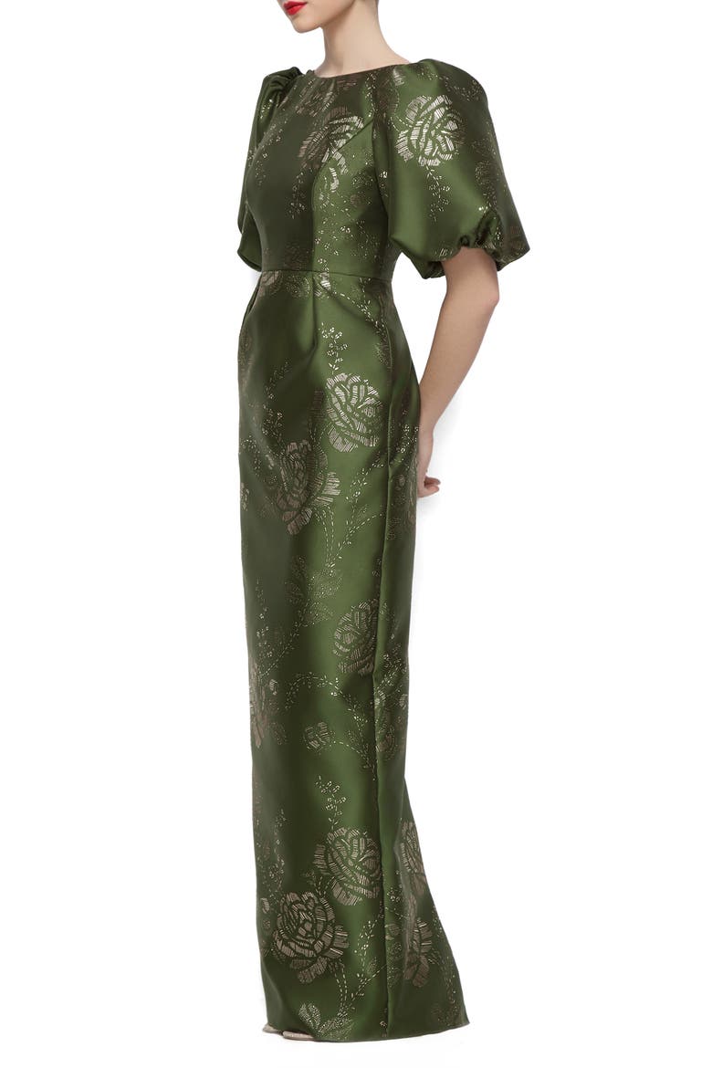 Blaine Gilt Floral Puff Sleeve Satin Twill Column Gown, Alternate, color, OLIVE/ GOLD