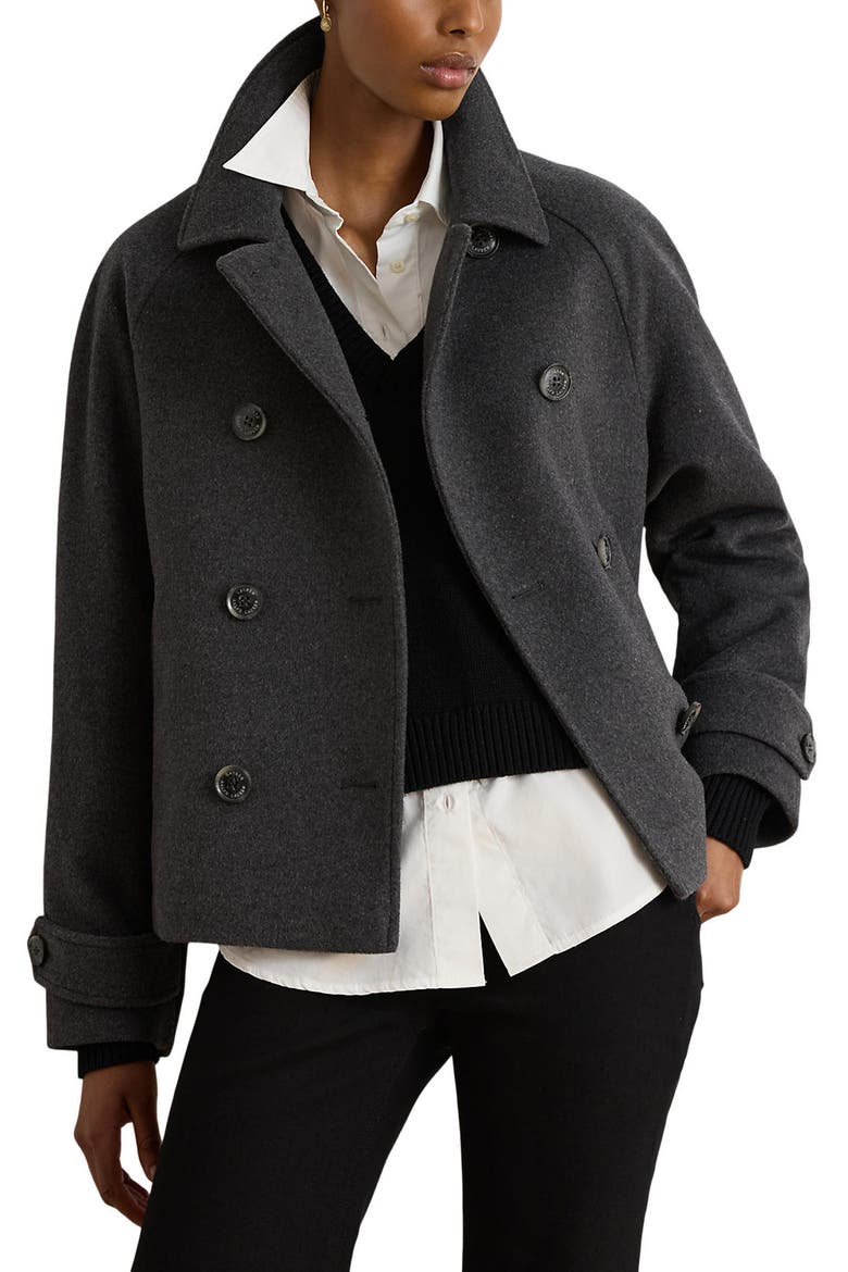 Double Breasted Cropped Wool Blend Coat, Main, color, MED HEATHER GREY