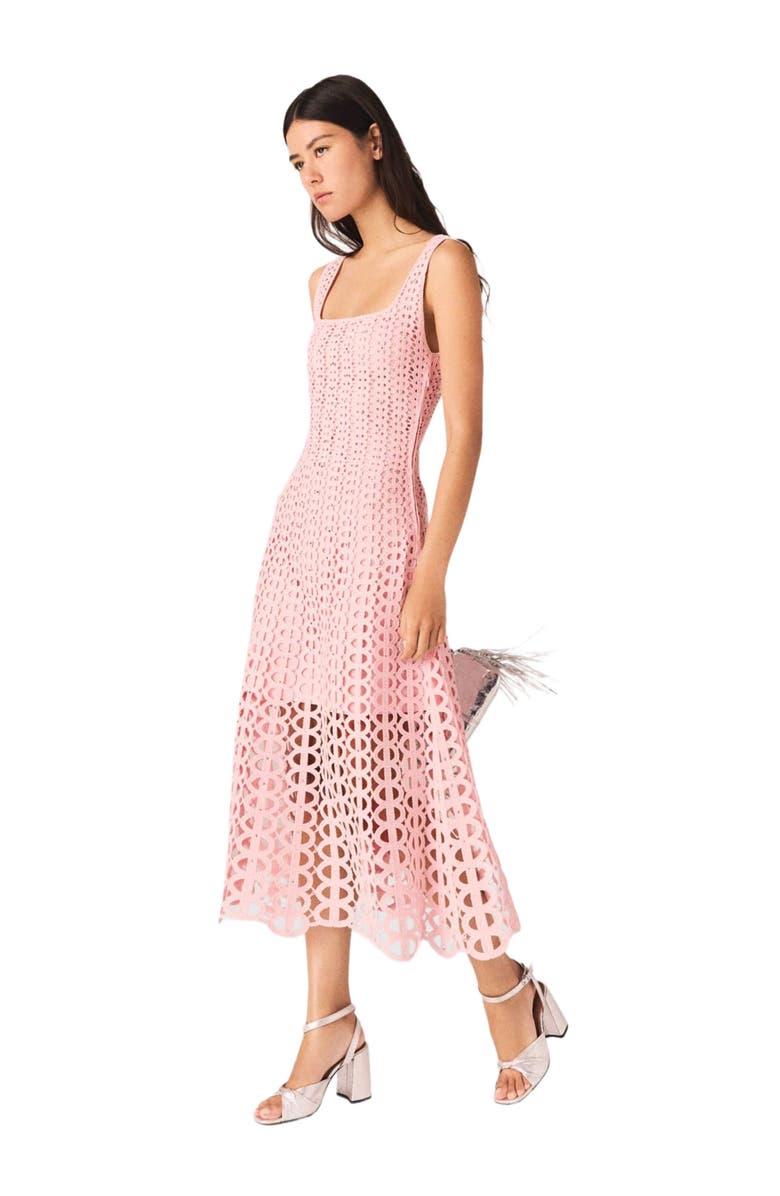 maje Rhinestone crochet midi dress, Alternate, color, Pink