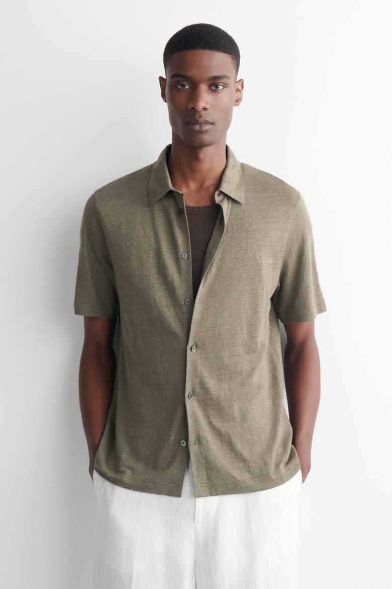 Linen-jersey Short-sleeved Shirt, Main, color, BROWN MÉLANGE