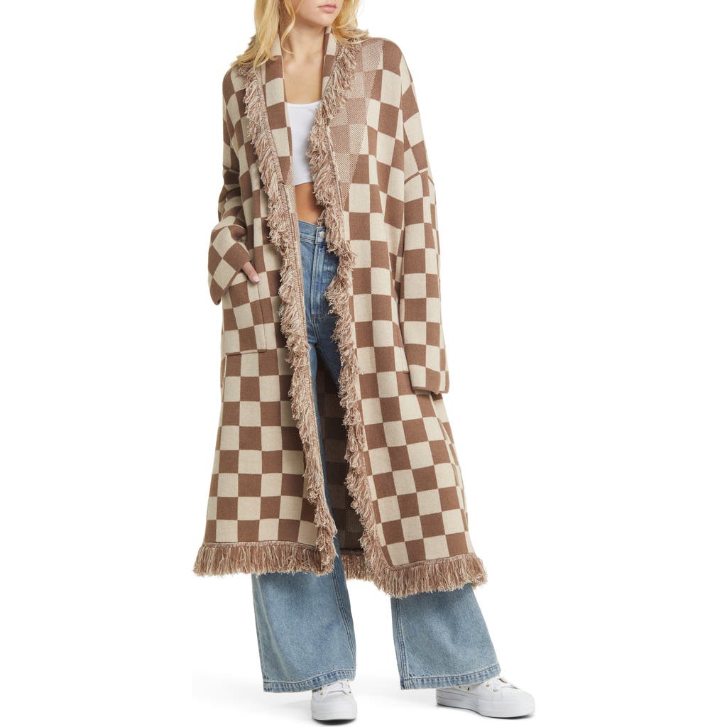 Dressed in Lala Fringe Blanket Cardigan in Tan Check  product