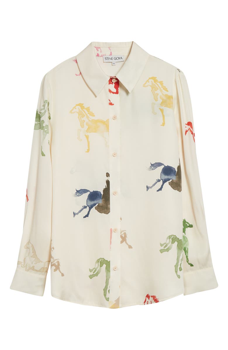 Stine Goya Watercolor Horse Print Button-Up Shirt, Alternate, color, Horses