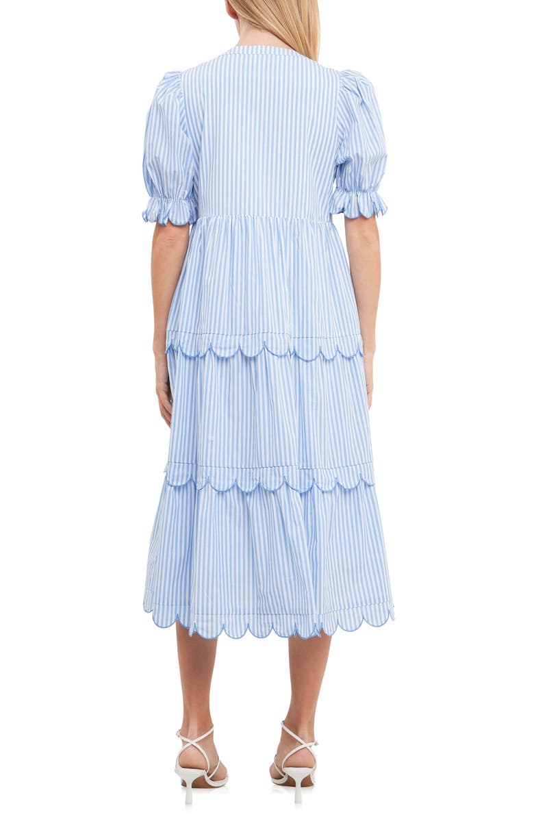 English Factory Stripe Scallop Edge Tiered Midi Dress, Alternate, color, Blue Stripe