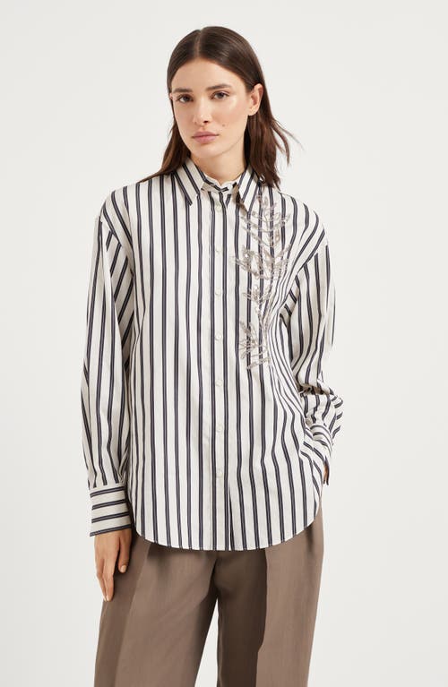 Brunello Cucinelli White Shirt With Floral Embroidery On The Front And All-over Striped Motif In Black