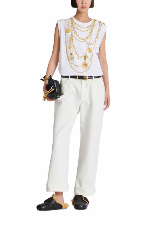 Balmain White Sleeveless Top With Maxi Necklace Print On Front And Rear In White
